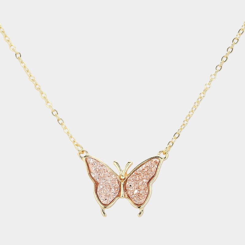 Rose Gold Druzy Butterfly Necklace