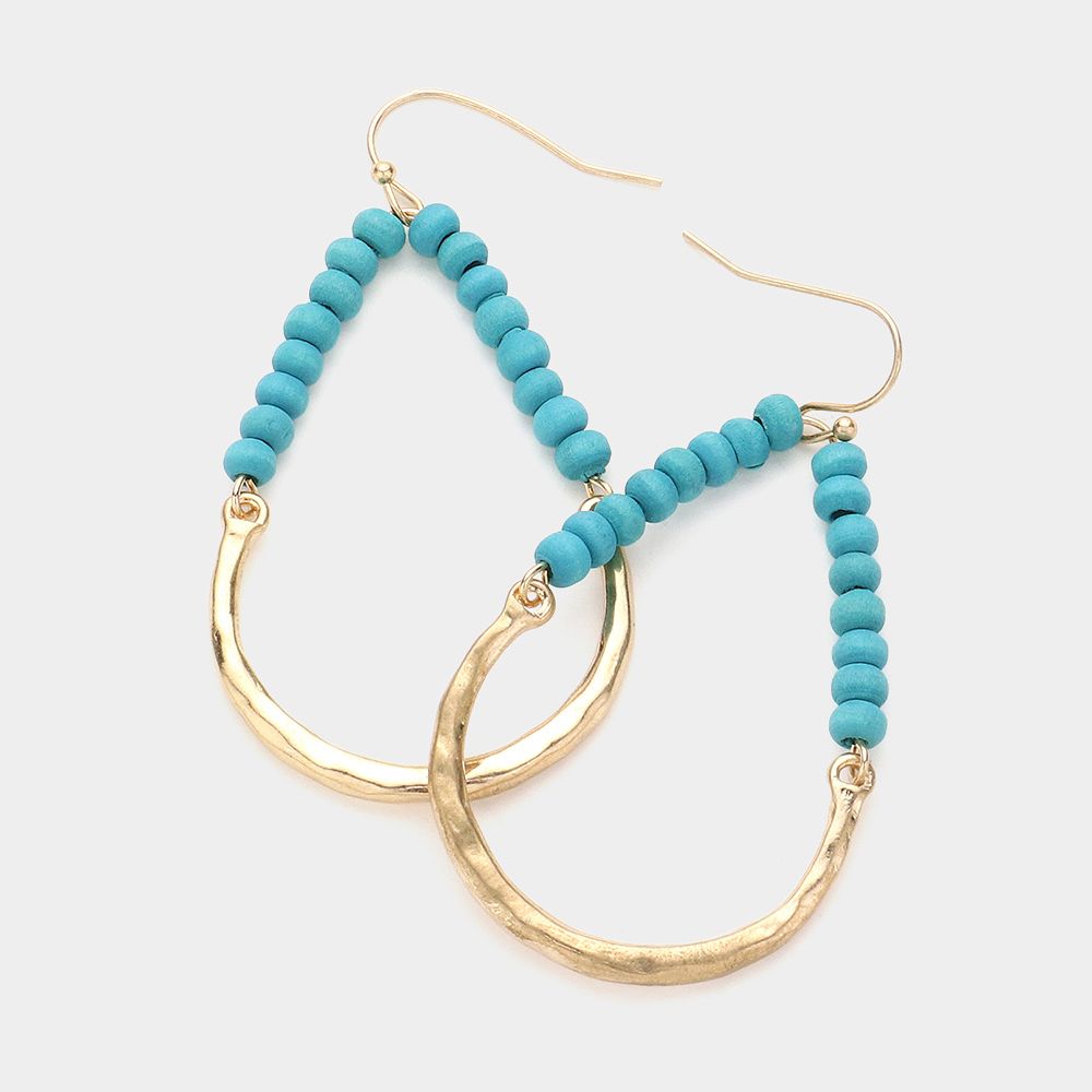 Gold Teardrop Hoop Earrings with Turquoise Blue Beading