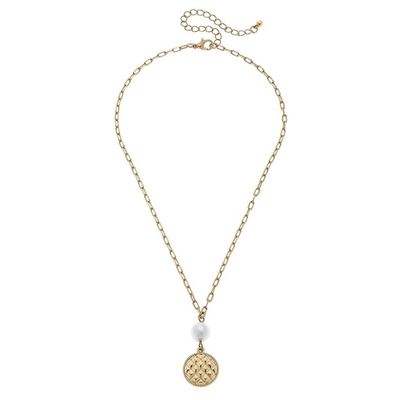 Andee Pearl &amp; Quilted Metal Disc Charm Necklace in Worn Gold