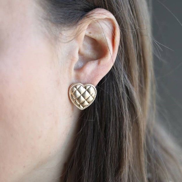 Connell Quilted Metal Heart Stud Earrings in Worn Gold