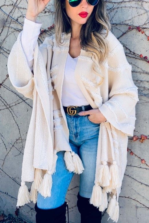 Knit Tassel Cardigan in Winter White