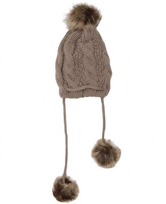 Fur Pom Mocha Knit Beanie Hat