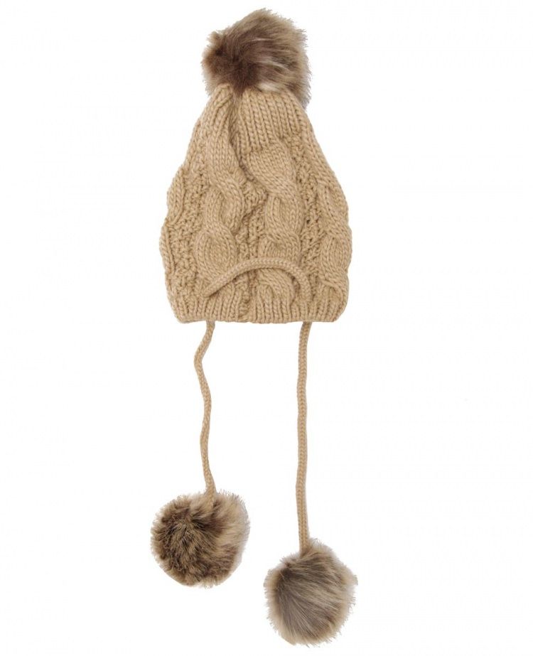 Fur Pom Tan Knit Beanie Hat