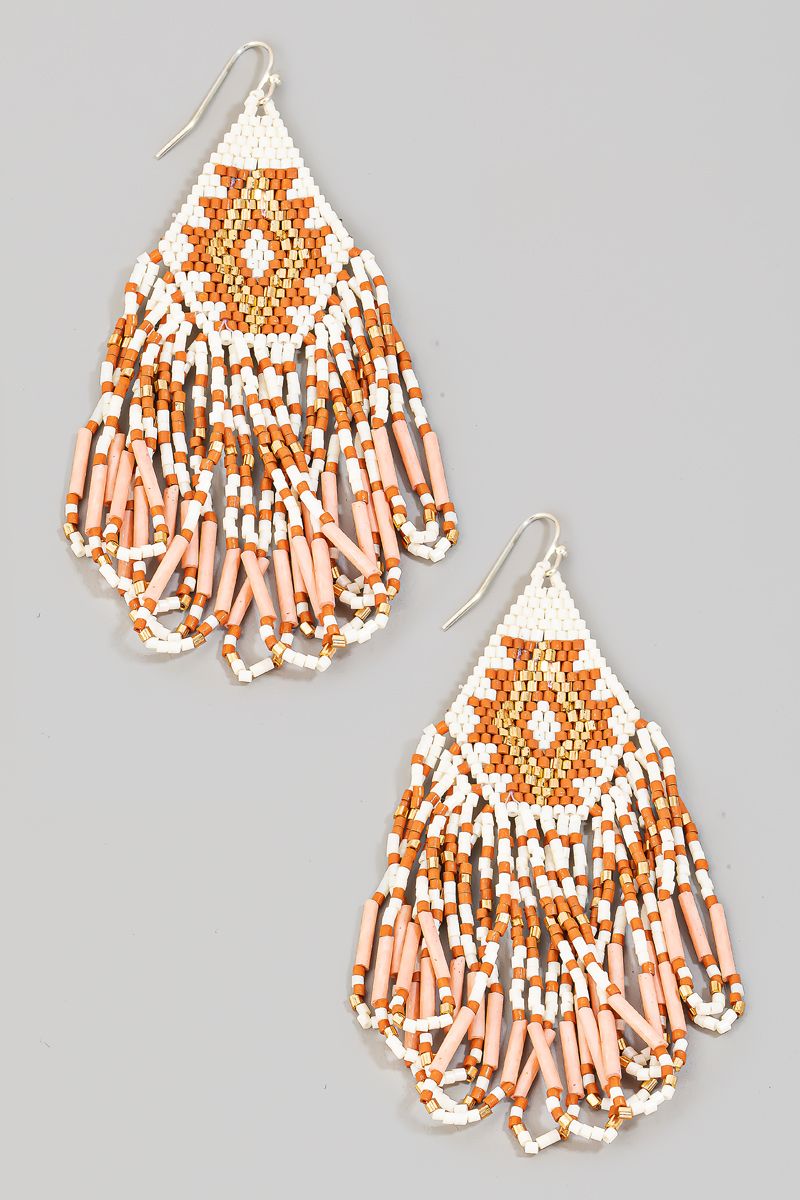 Orange Fringe Boho Seed Bead Earrings