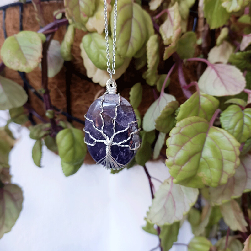 Colgante árbol de la vida de amatista en baño de plata