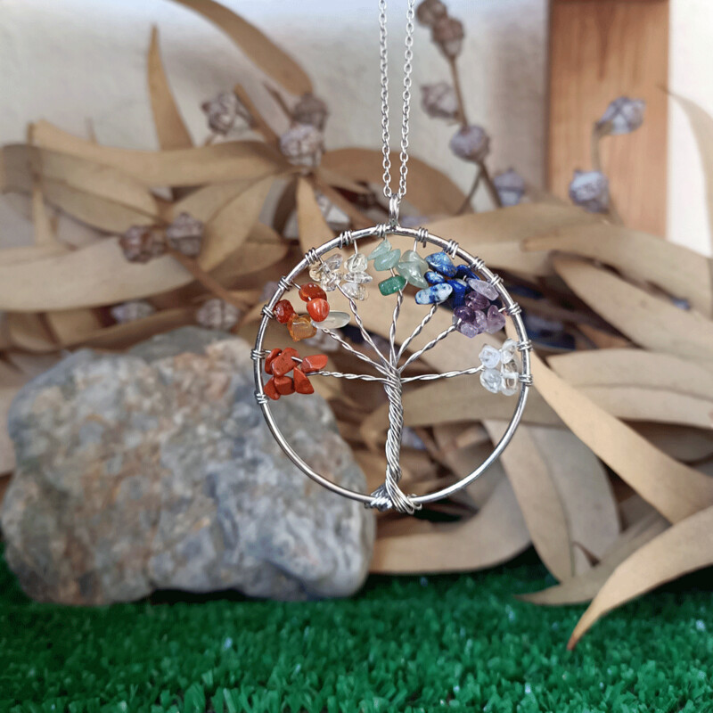 Colgante árbol de la vida y gemas de los chakras grande
