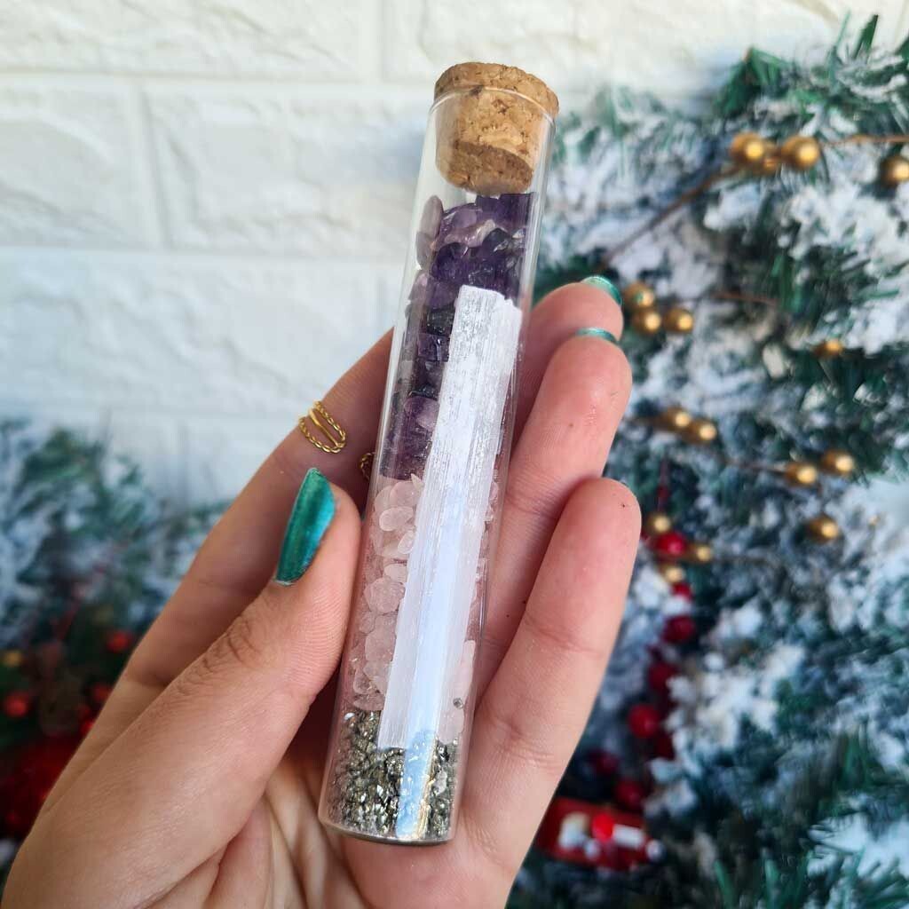 Tubo de cristal con Amatista - Cuarzo Rosa - Pirita - Selenita