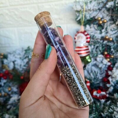 Tubo de cristal con Pirita y Amatista