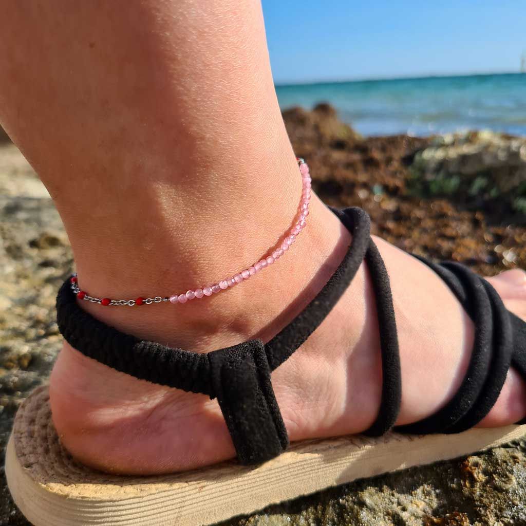 Tobillera de Cuarzo Rosa en acero