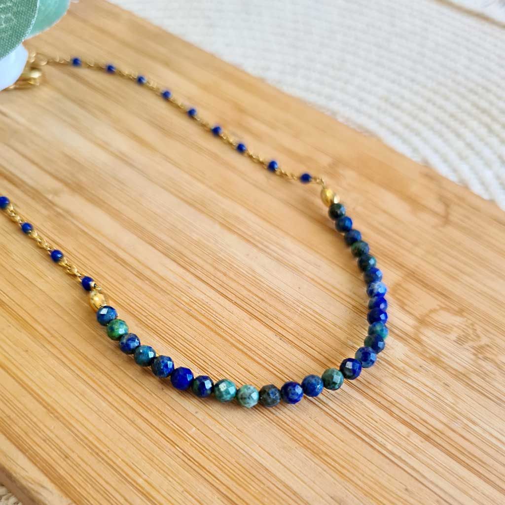 Tobillera de Azurmalaquita en acero dorado Intuición, Equilibrio, Protección.
