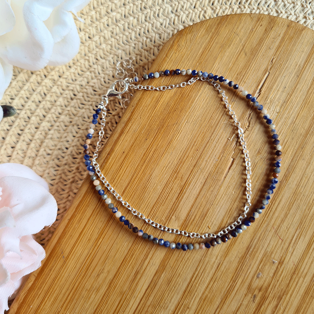 Tobillera  doble de Sodalita  con cadena de acero