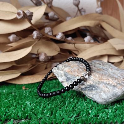 Pulsera elástica de Ónix negro, Pirita y cuarzo