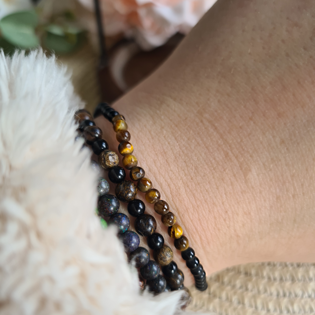 Pulsera elástica de Turmalina Negra y Ojo de Tigre 3 mm.