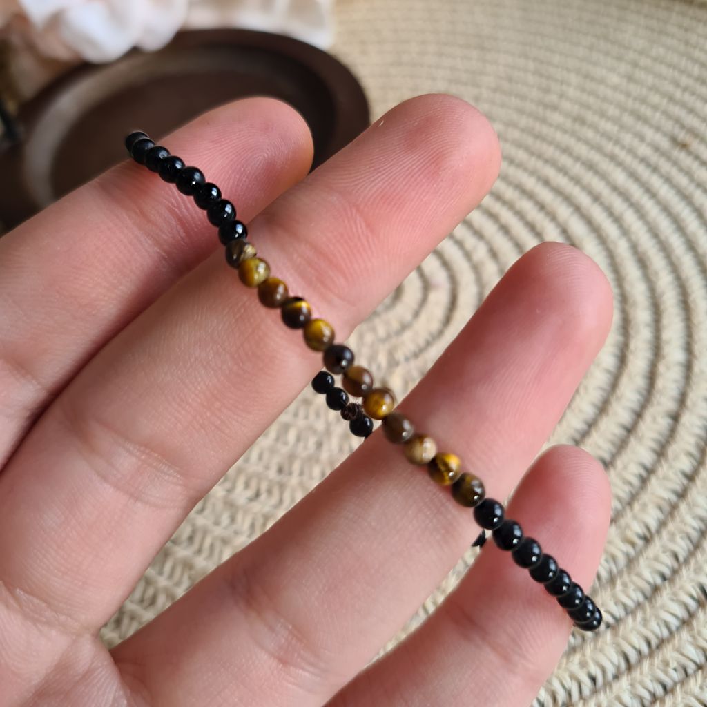 Pulsera elástica de Turmalina Negra y Ojo de Tigre 3 mm.