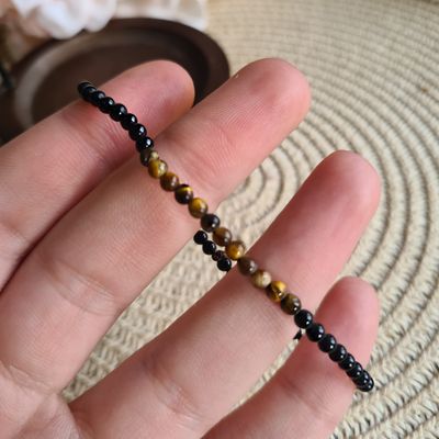 Pulsera elástica  de Turmalina Negra  y Ojo de Tigre 3 mm.