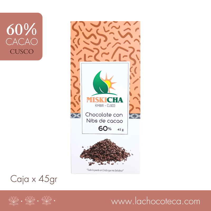 Barra Cacao 60% con Nibs x 45gr. MISKICHA