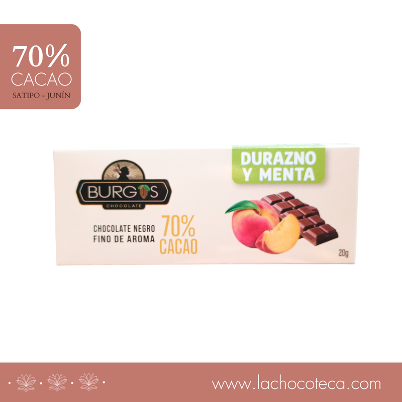 Barra de Cacao 70% con Durazno &amp; Menta x 20gr - BURGOS