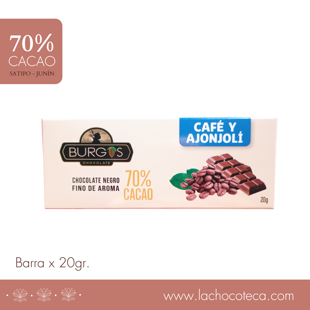 Barra de Cacao 70% con Café &amp; Ajonjolí x 20gr - BURGOS