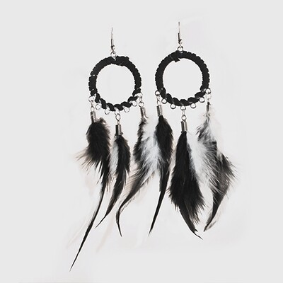 Light Ring Feather Earring - Black/White