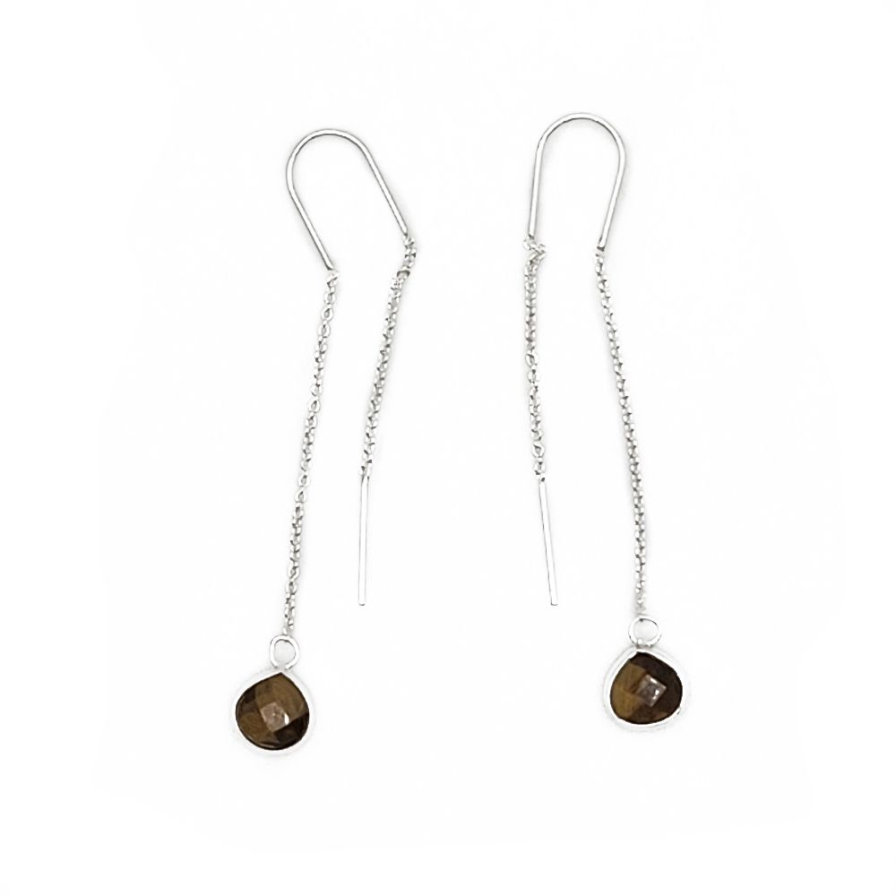 Crystal Drop Sterling Ear Threaders - Tiger Eye
