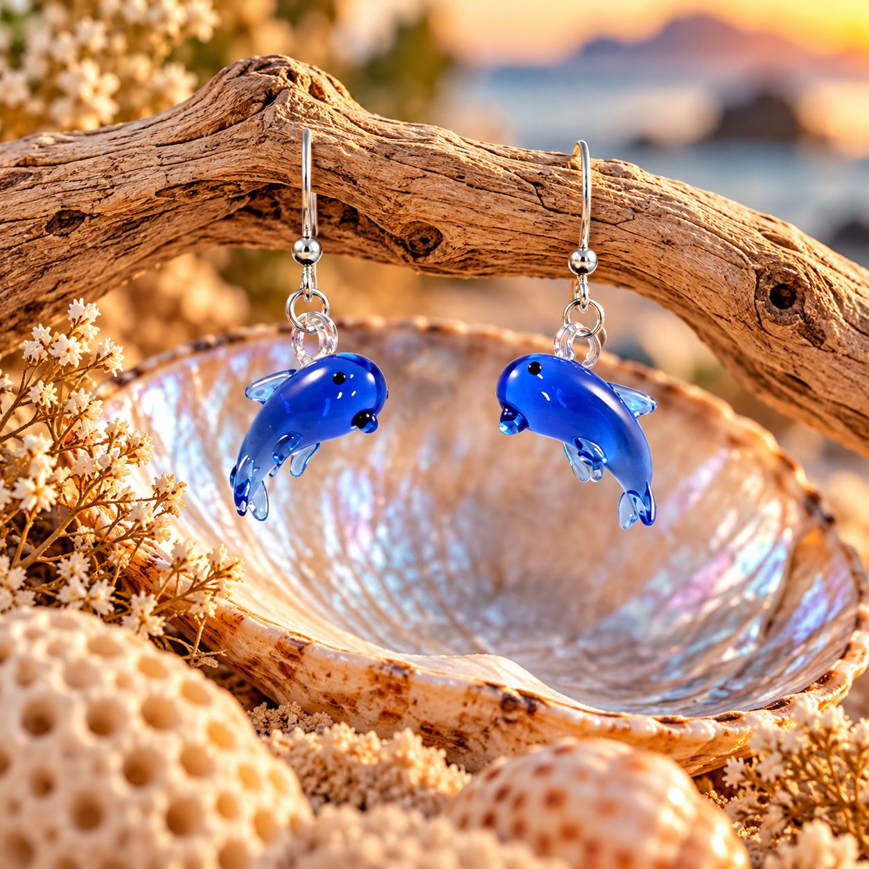 Venice Glass Dolphin Earrings, Glass Color: Blue