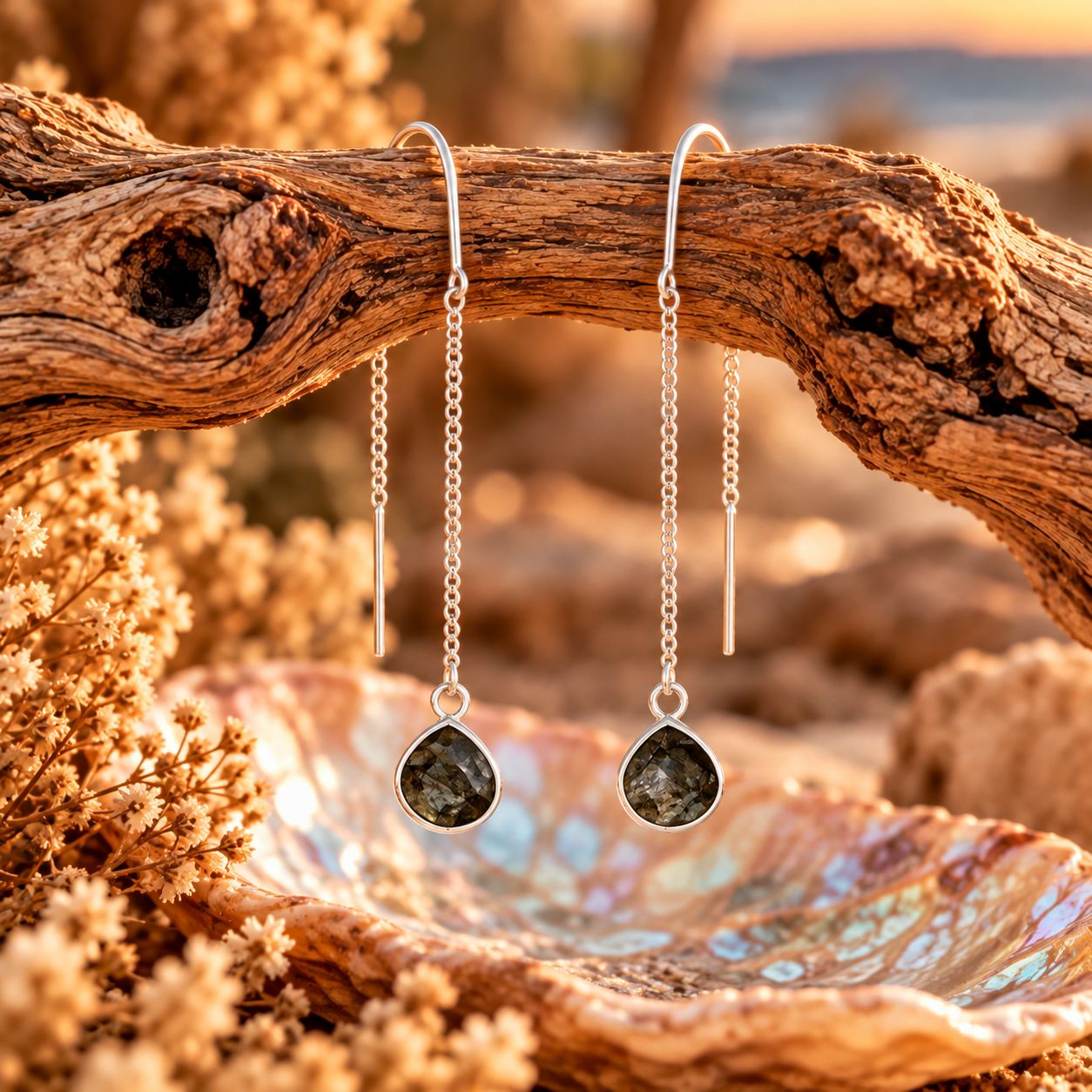Crystal Drop Sterling Ear Threaders - Obsidian Crystal Drop Sterling Ear Threaders - Obsidian