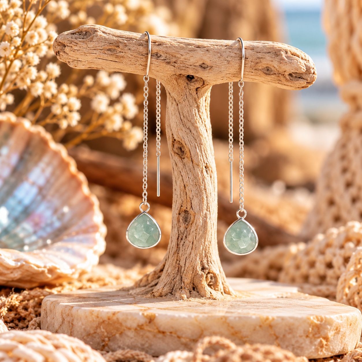 Crystal Drop Sterling Ear Threaders - Prehnite Crystal Drop Sterling Ear Threaders - Prehnite