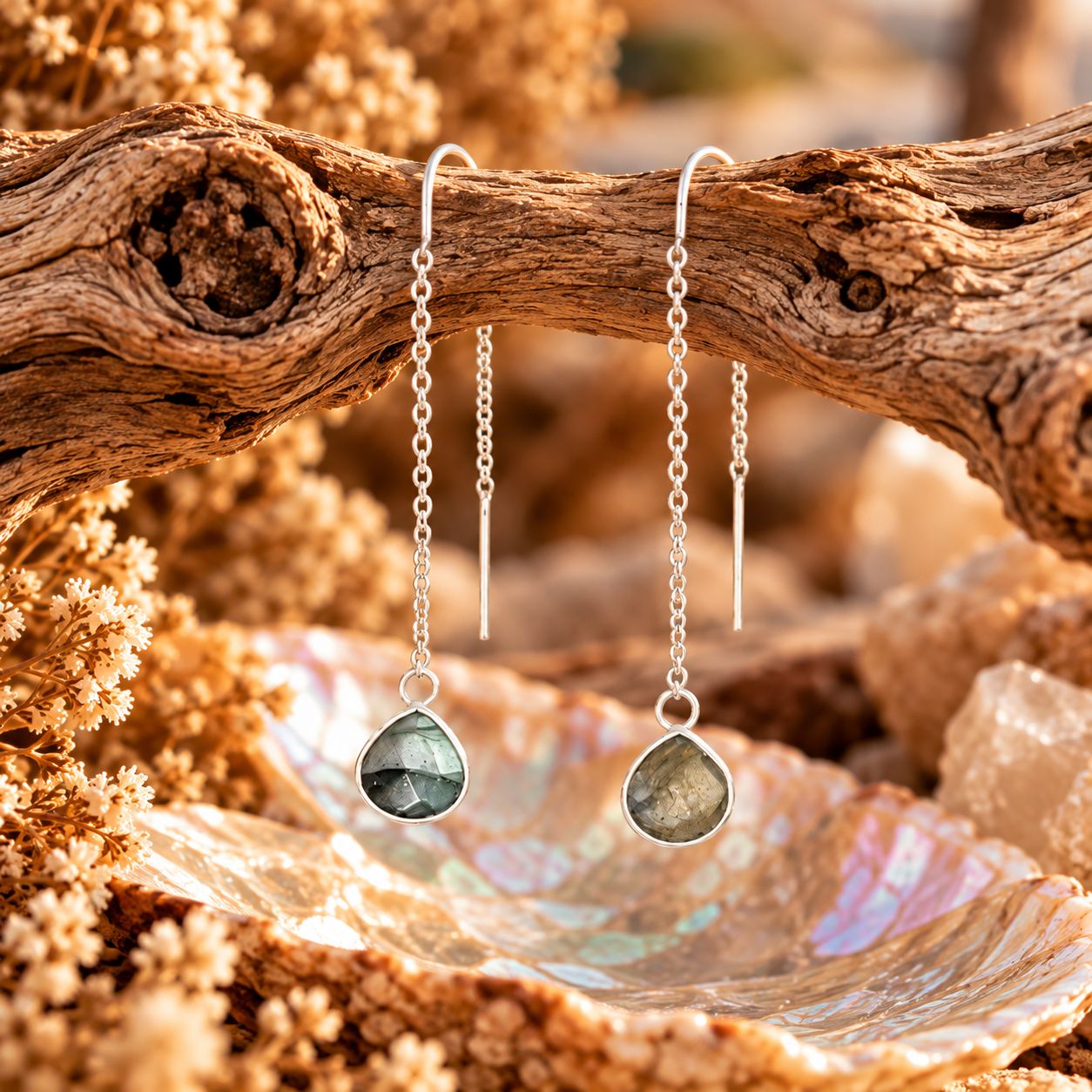 Crystal Drop Sterling Ear Threaders - Labradorite Crystal Drop Sterling Ear Threaders - Labradorite