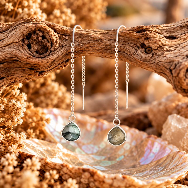 Crystal Drop Sterling Ear Threaders - Labradorite