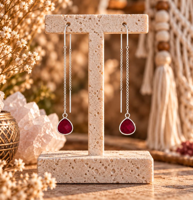 Crystal Drop Sterling Ear Threaders - Garnet