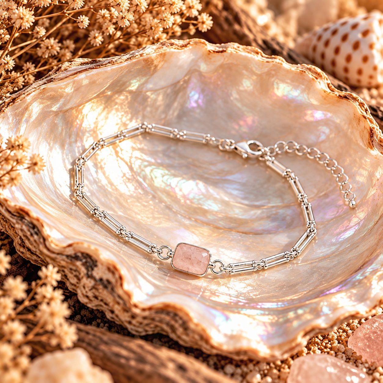 Sterling Silver Links Bracelet - Rose Quartz Sterling Silver Links Bracelet - Rose Quartz