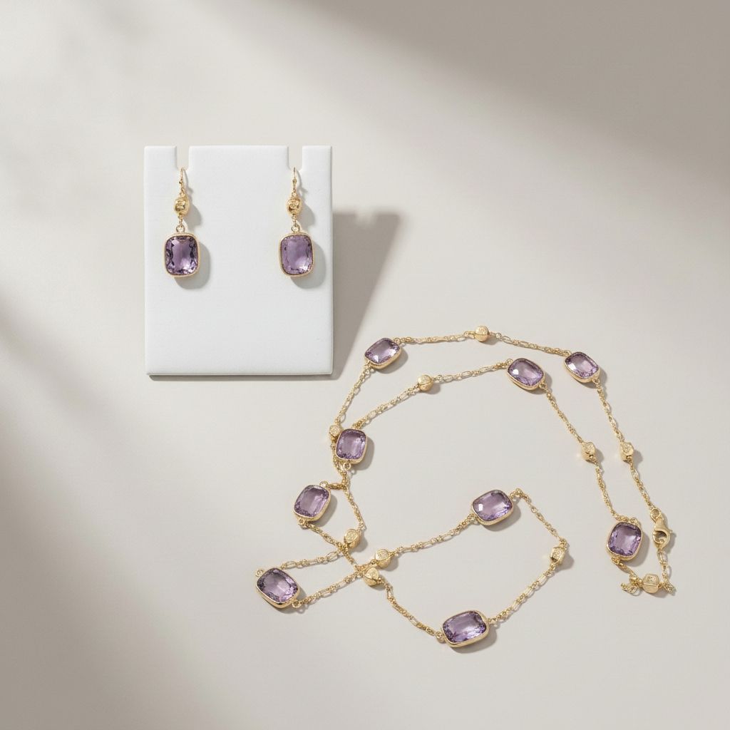 Amethyst Cabochon Opera Necklace and Earring Set