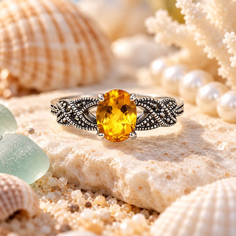 Citrine and Marcasite Band Ring - size 8