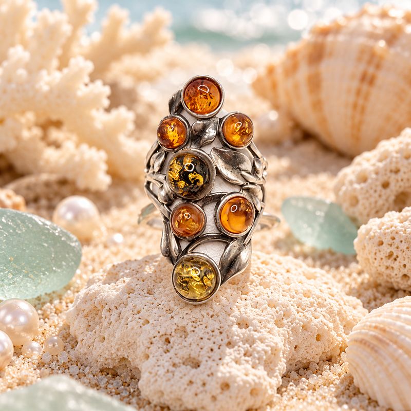 Baltic Amber Botanical Ring - size 5/6