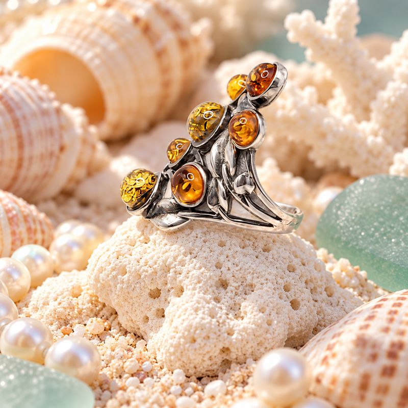 Baltic Amber Botanical Ring - size 5/6