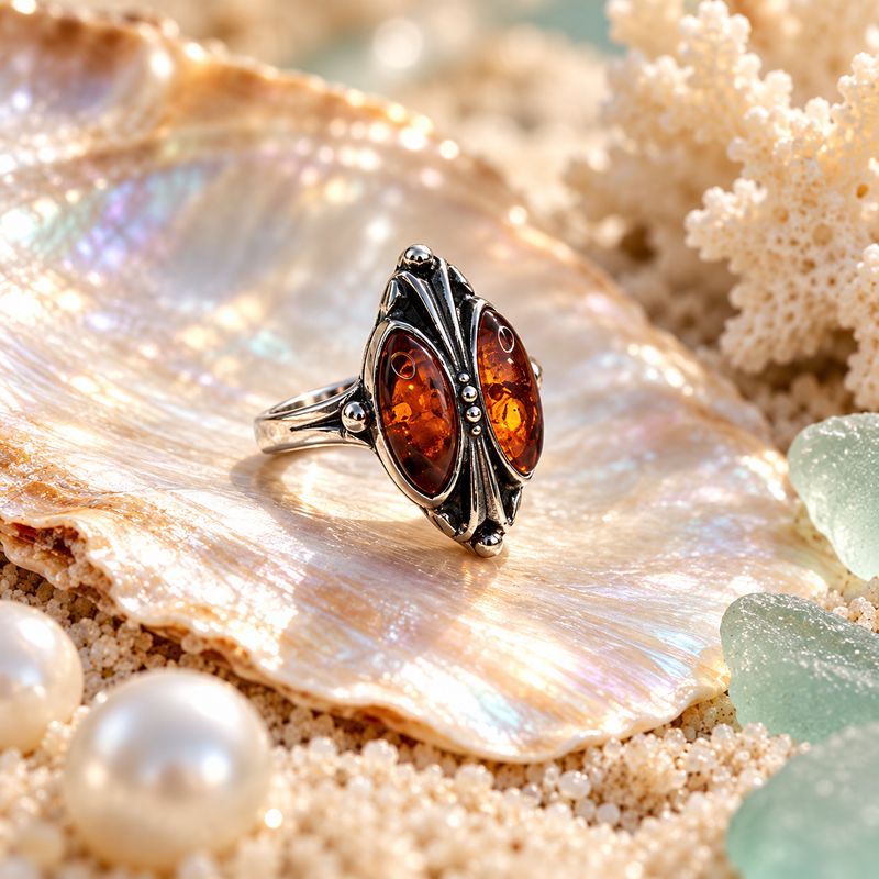 Amber Twin Stone Art Nouveau Ring - size 6