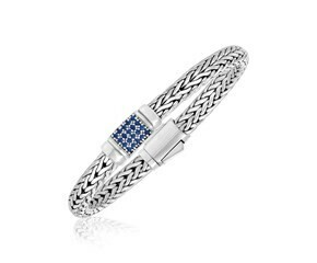 Weave Motif Bracelet with Blue Sapphire Accents in Sterling Silver