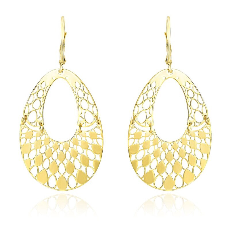 14k Yellow Gold Teardrop Filigree Design Graduated Open Teardrop Earrings