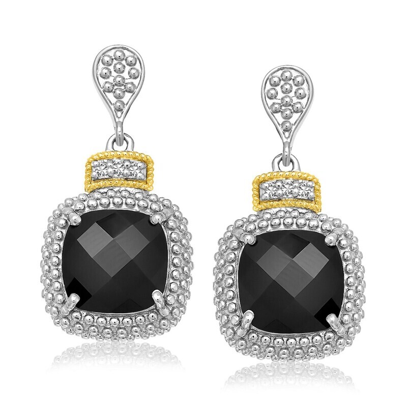 18k Yellow Gold &amp; Sterling Silver Black Onyx &amp; Diamond Earrings (.05cttw)