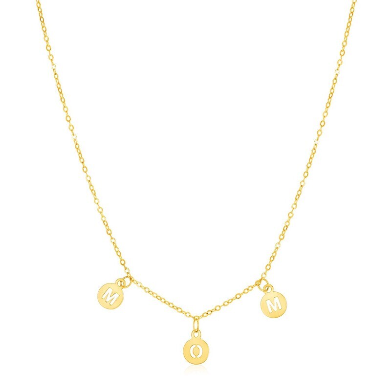 14k Yellow Gold Mom Necklace with Circle Drops - MOM