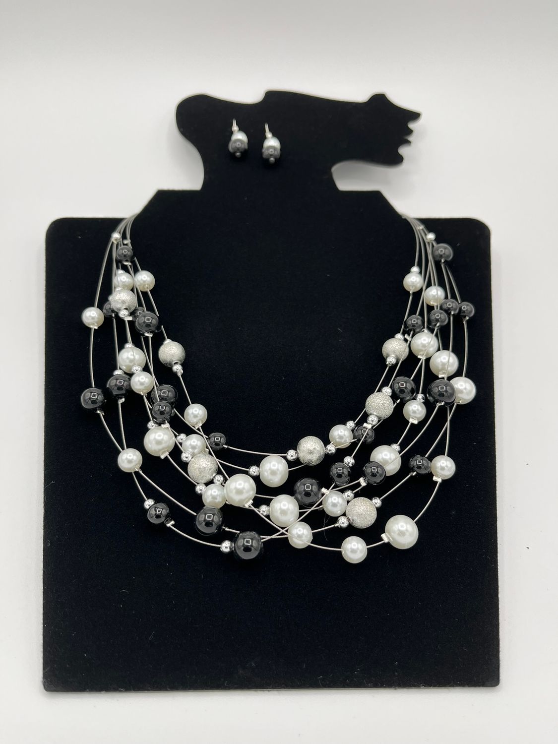 Jewelry Set - Earrings and Necklace - Layered Black Silver