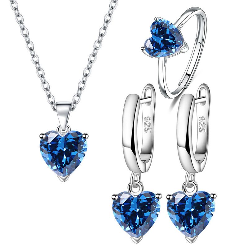 S925 Sterling Silver Jewelry Sets Heart-shape,  Zircon Ring Earrings Necklace Wedding Bridal Elegant