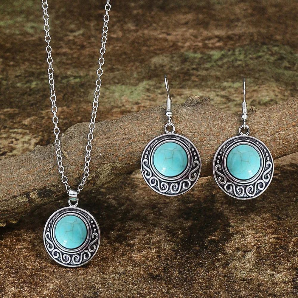 Retro Antique Turquoise Pendant Necklace &amp; Earrings Set, Size: One Size, Metal color: Silver