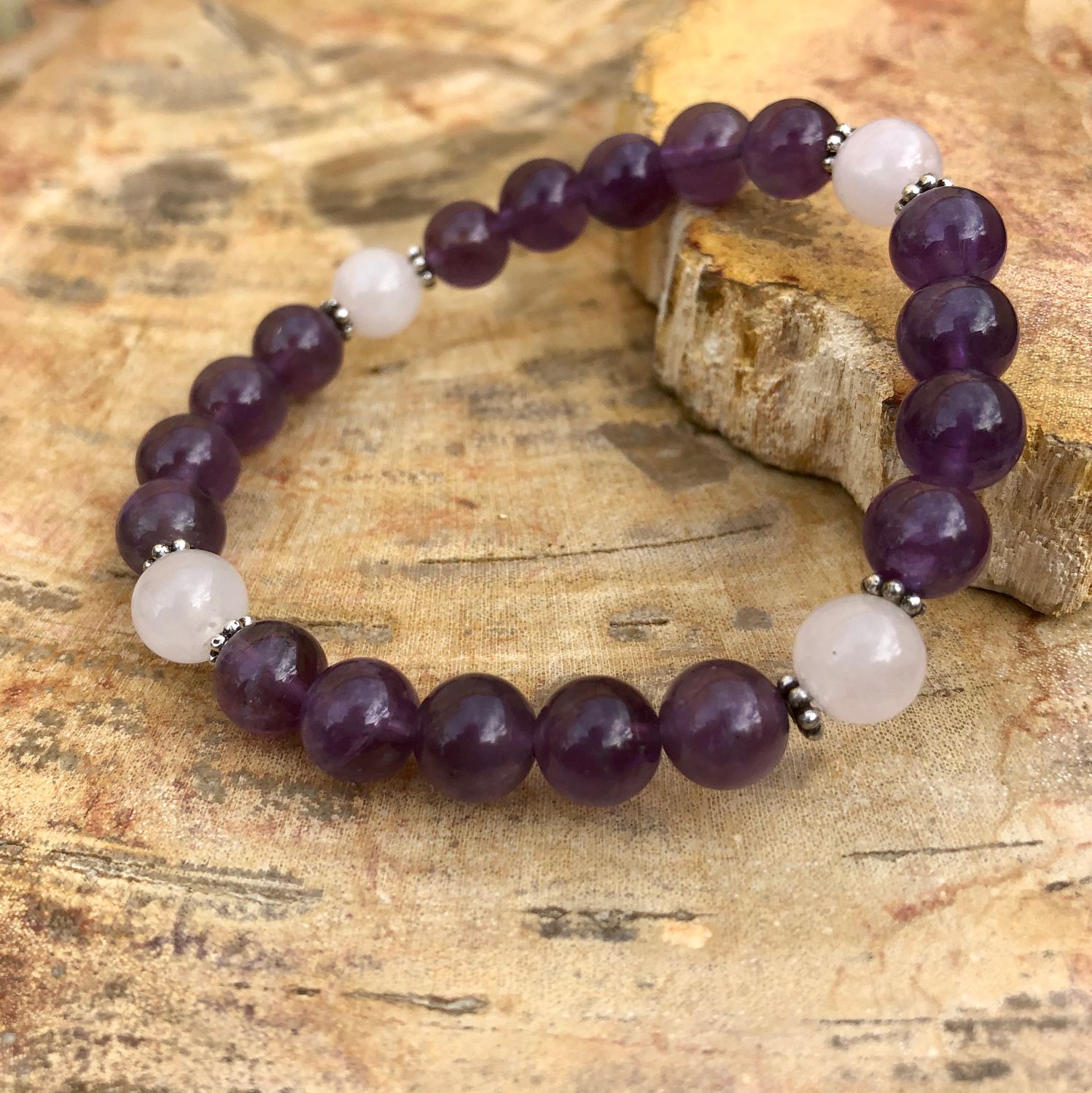 Amethyst &amp; Rose Quartz Stretch Bracelet! Natural Crystals!