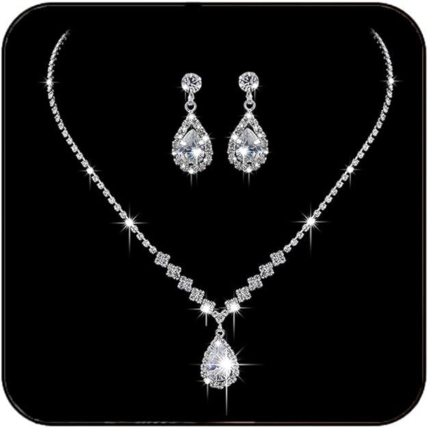 Crystal Wedding Jewelry Set - Silver Necklace Earrings Set