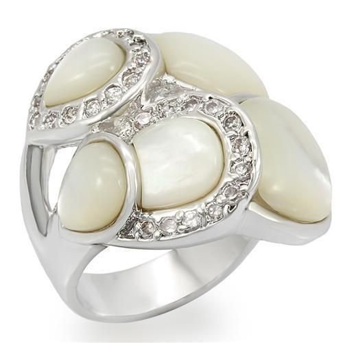LO1044 - Rhodium Brass Ring with Precious Stone Conch in White, Size: 9