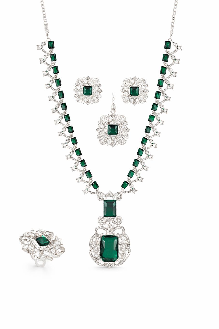 Silver-toned, Green Jewelry Set