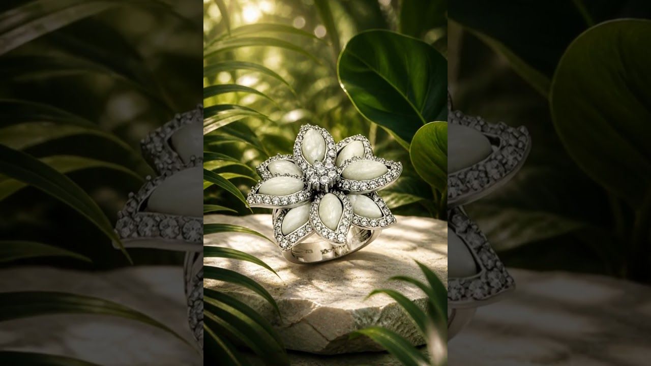 Rhodium 925 Sterling Silver Ring with Precious Stone Conch