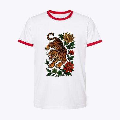 Tiger With Flowers — Vintage Nature Illustration Ringer Tee