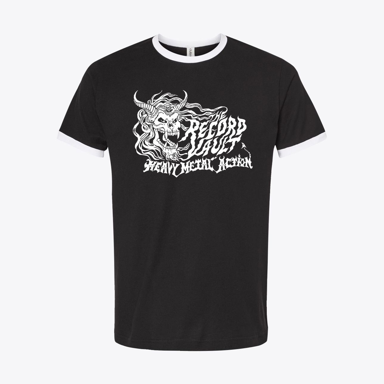 The Record Vault — "Heavy Metal Action" — Vintage Music Shop Ringer Tee